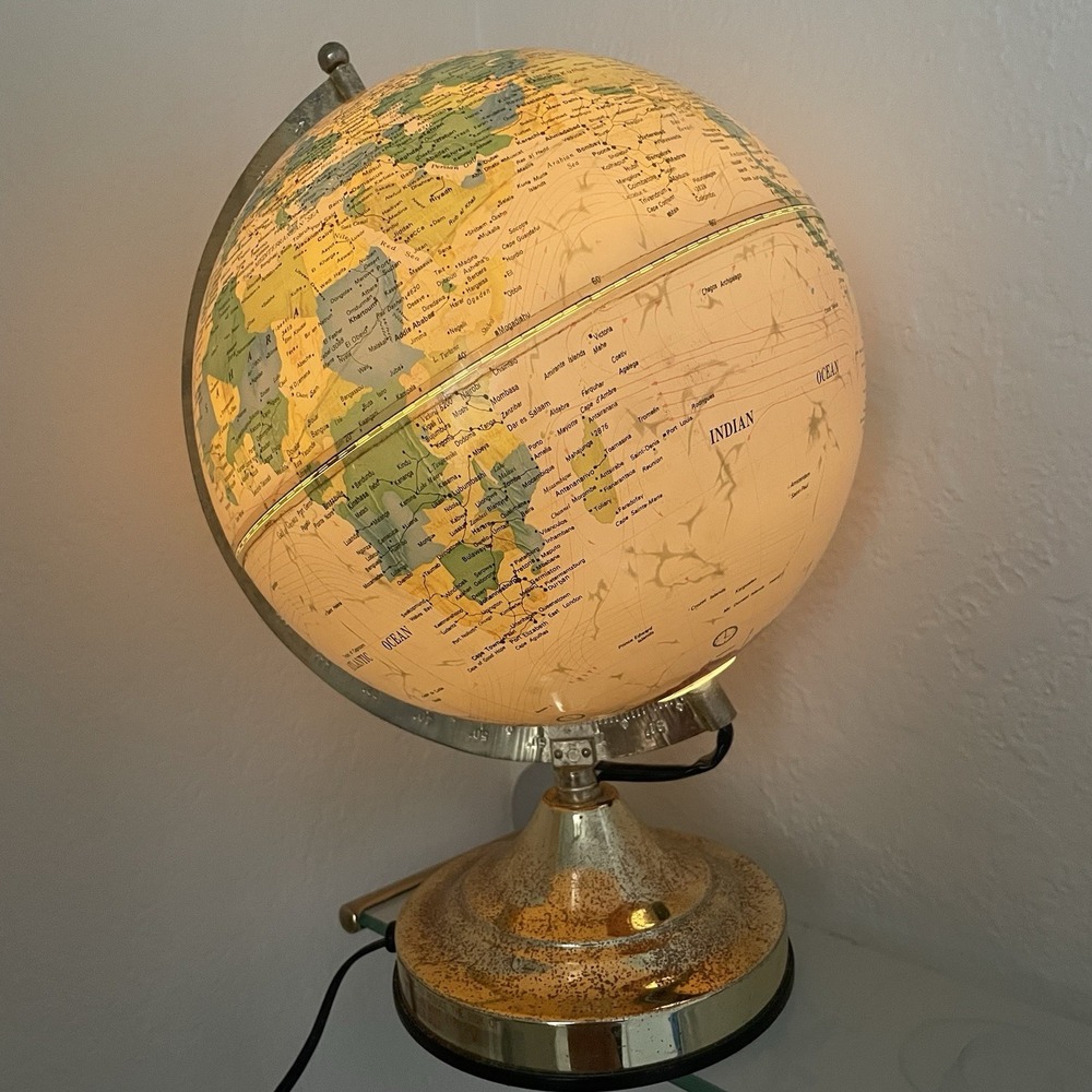 Vintage 1980s Lighted World Globe Lamp 10" Cream 3 Way Touch Gold Tone Taiwan